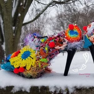 Funkiest Crochet Art Shoes Rainbow  Upcycled